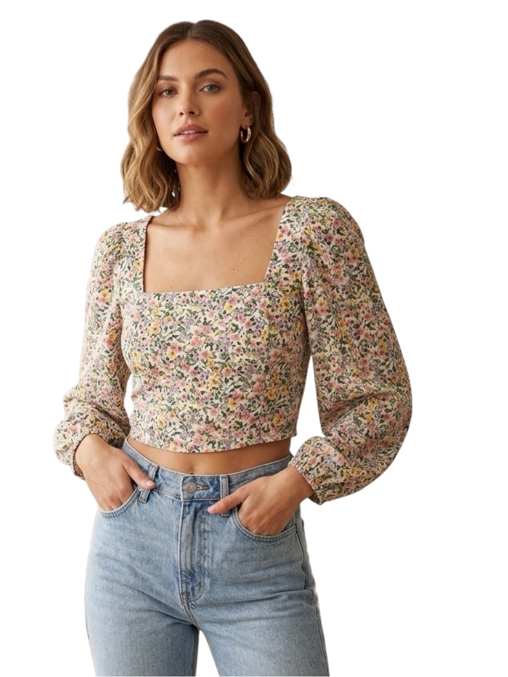 LuLus Floral Square-Neck Long Sleeve Crop Top